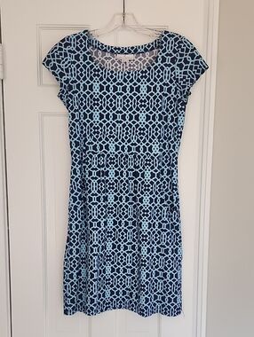Jude Connallh Women's Blue Geometric Cap-Sleeve Dress